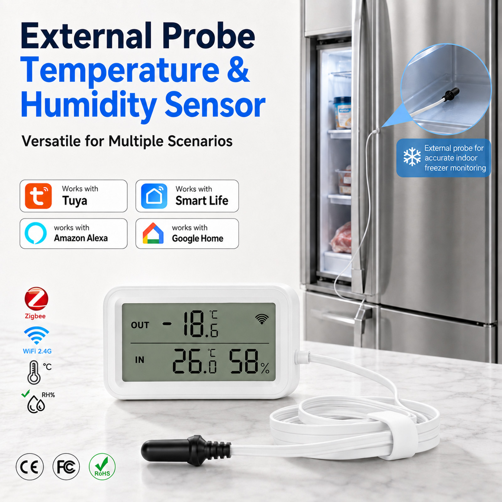 Temperature Humidity Sensor - 外部防水プローブ温度湿度センサー Tuya WiFi Zigbee LCD温度計湿度計 冷蔵庫、水槽、プール、Alexa対応