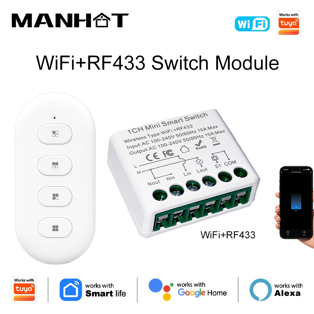Tuya WIFI 10Aスマートライトスイッチ RF433 - Smart Home Automation Diy のレビューと価格
